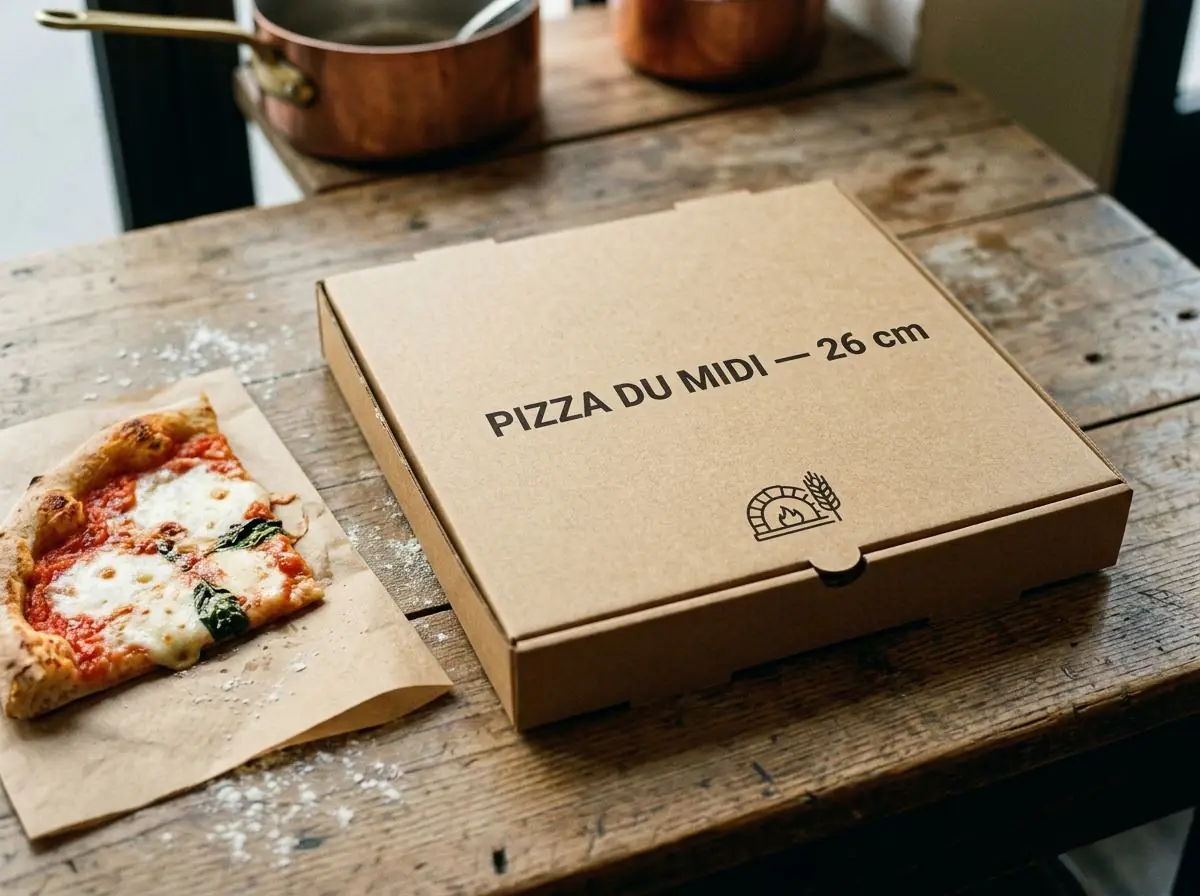 Boîte à pizza format 26 cm — Pizza solo, parts du midi, marchés.