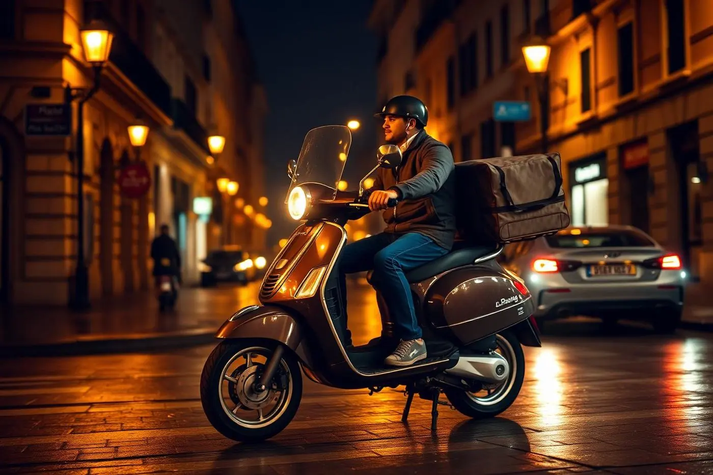 Livreur de pizza sur scooter dans une rue urbaine la nuit