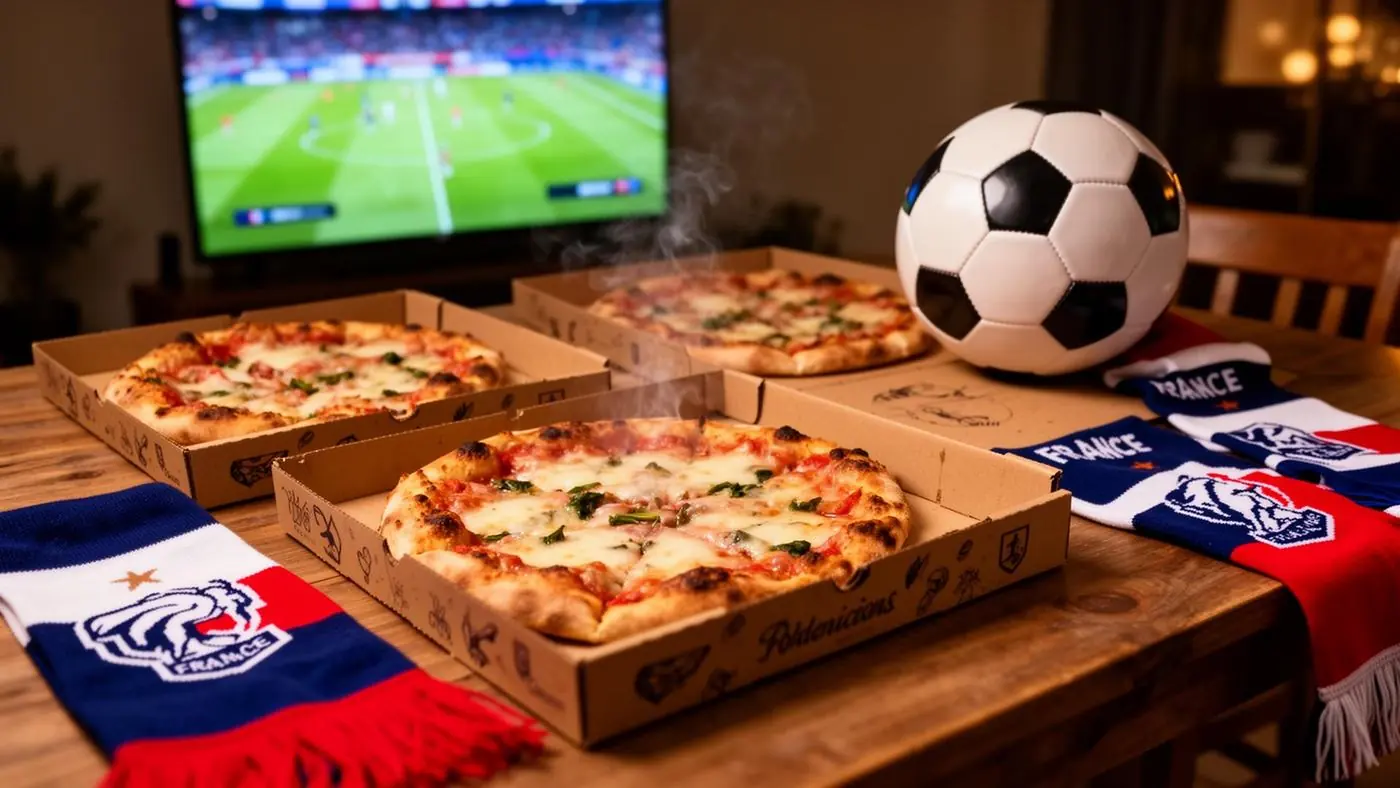 Pizzas en boîtes personnalisées, ballon de football et écharpes France devant un match de la Coupe du monde 2026