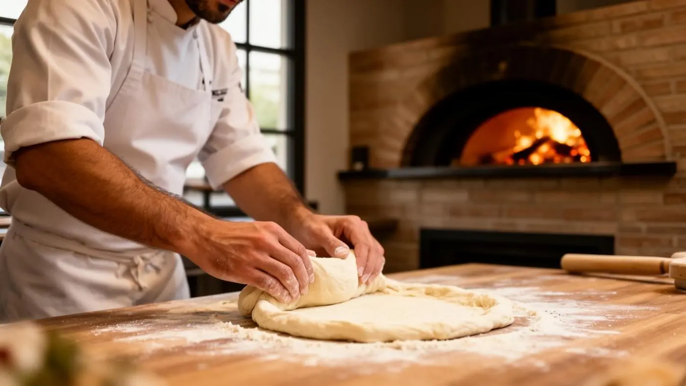 Pizzaiolo artisan façonnant la pâte près d'un four à bois