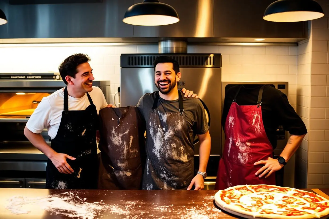 Équipe de pizzaiolos artisans riant dans leur cuisine